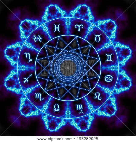 Magic circle with zodiacs sign on abstract mystic background.