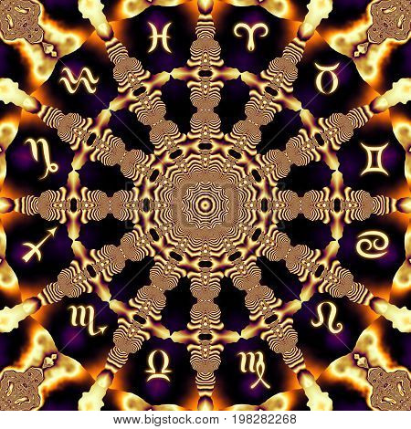 Magic circle with zodiacs sign on abstract mystic background.
