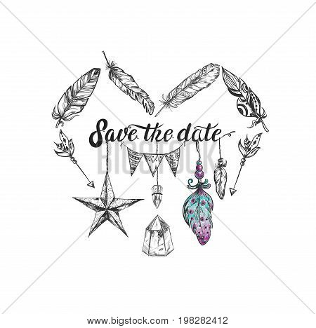 Ethnic bohemian style card with feathers. Vector Hand drawn vintage template for Wedding, Birthday . Vintage Tribal and Decorative feathers. Invitation, banner, label