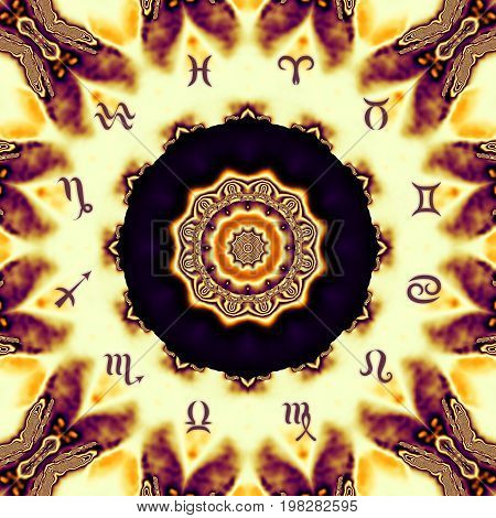 Magic circle with zodiacs sign on abstract mystic background.