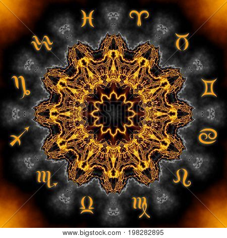 Magic circle with zodiacs sign on abstract mystic background.
