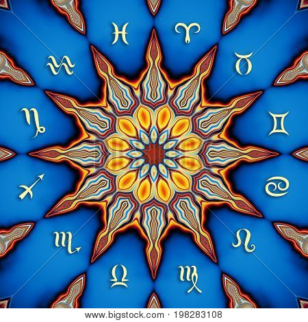 Magic circle with zodiacs sign on abstract mystic background.