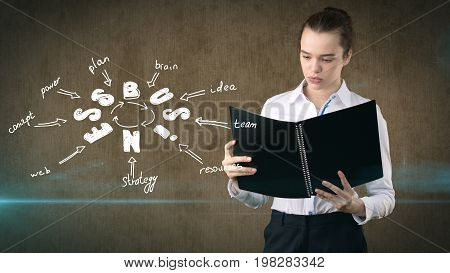 Woman In A Suit Holding Report Near Wall With A Business Idea Sketch Drawn On It. Concept Of A Succe