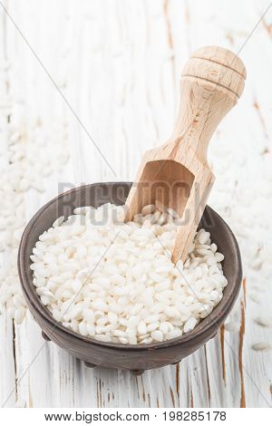 Raw Organic Arborio Rice In A Bowl