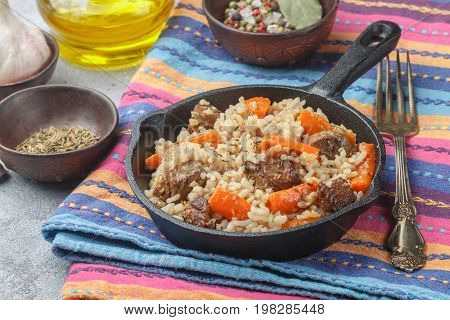 Devzira Pilaf With Lamb, Onions, Carrots And Spices (cumin, Coriander, Pepper). Traditional Dishes O