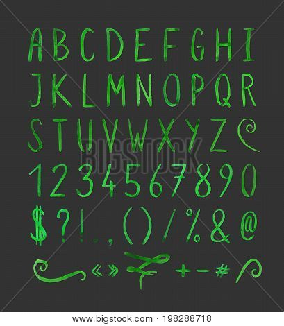 Hand drawn green watercolor font with punctuation marks on black background. Font contains question mark, exclamation point, period, comma, dash, hyphen, bracket, parenthesis. Vector illustration.
