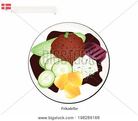Danish Cuisine, Illustration of Frikadeller or Traditional Pan Fried Ground Beef Patty Served with Boiled Potatoes, Cucumber and Gravy or Creamed Cabbage. One of The Most Famous Dish in Denmark.