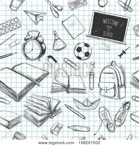 Welcome back to school vector seamless pattern. Hand drawn elements. School supplies. Books, notebook, copybook, backpack, lamp, alarm clock, football, sneakers, chalkboard, pencil, marker, eraser