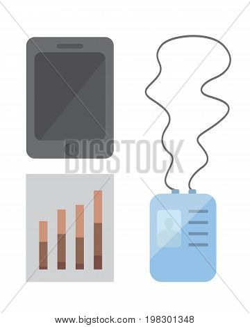 Workplace with mobile devices and documents. Office personal and Business Icons vector set. work table with gadget laptop flat illustration.