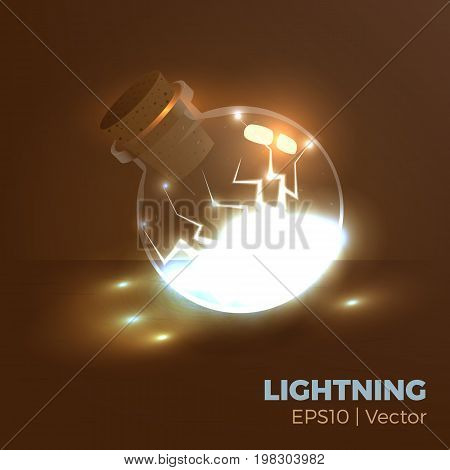 Bottle of energy, magic lightning elixir. Vector illustration of tranparent flask with electricity inside. Game vial icon, interface for rpg game. Realistic.