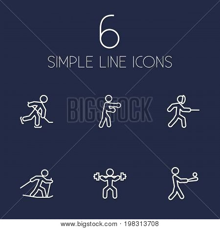 Collection Of Swordplay, Power-Lifting, Ski Running And Other Elements.  Set Of 6 Sport Outline Icons Set.