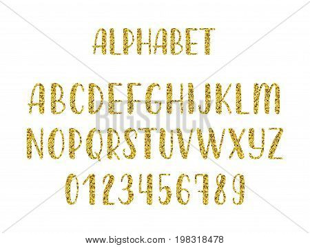 Gold glitter hand drawn latin modern calligraphy brush alphabet of capital letters. Vector illustration