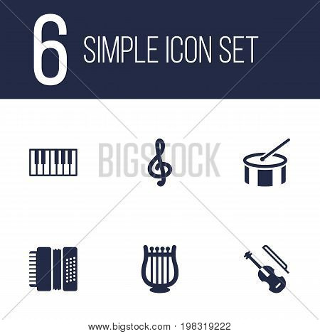 Collection Of Fiddle, Tambourine, Quaver And Other Elements.  Set Of 6 Melody Icons Set.
