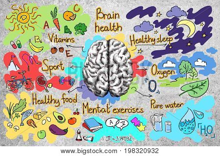 Concrete wall with creative colorful healthy brainstorm sketch. Food for brain concept