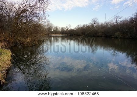 The Du Page River flows through the Hammel Woods Forest Preserve in Shorewood, Illinois, during December.