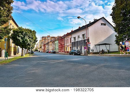 Lovosice, Czech Republic - July 05, 2017: Black Car Opel Astra H In Dlouha Street With Old Houses At