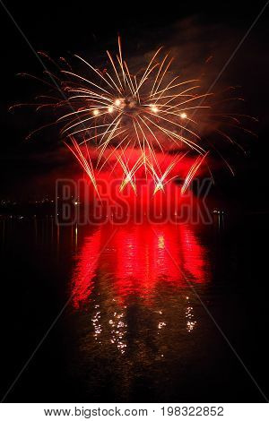 Fireworks over the Brno dam, South Moravia, Czech republic