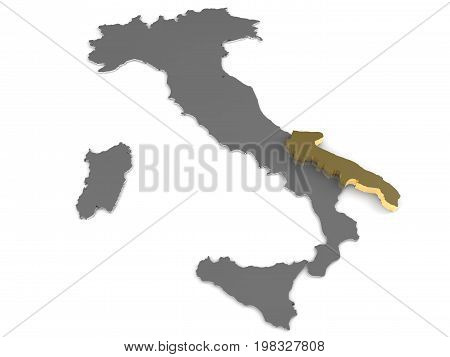 Italy 3d metallic map, whith puglia region highlighted 3d render