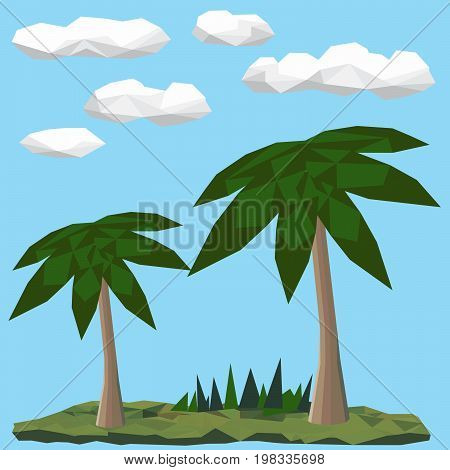 Polygonal green palms. Clouds in the background
