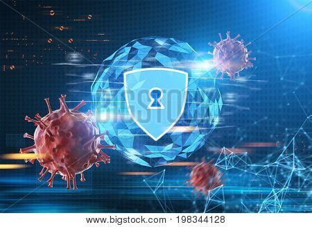 Glowing security shield hologram with a keyhole with an orb background against a blurred blue futuristic surrounding. Polygons viruses. Toned image double exposure mock up