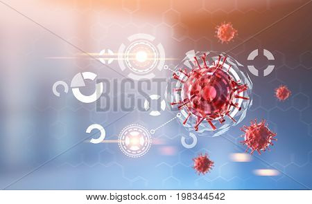 Red virus closeup and many HUD and infographics is seen against a blurred hospital background. Concept of medicine and science. Toned image double exposure