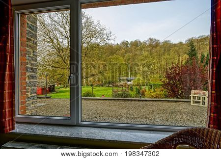 Big New Pvc Plastic Window, View From The Inside To The Garden