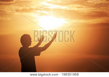 Human hands open palm up worship. Eucharist Therapy Bless God Helping Repent Catholic Easter Lent Mind Pray. Christian concept background. fighting and victory for god