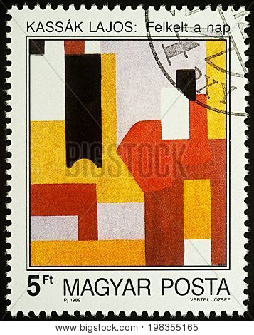 Moscow Russia - August 05 2017: A stamp printed in Hungary shows painting Sunrise by Lajos Kassak series 