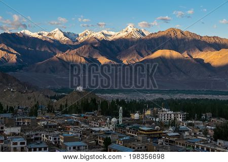 Aerial view of Leh city in the morning from Leh Palace, India