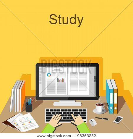 Studying at desk concept illustration. Study space. Education supplies