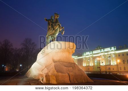 ST PETERSBURG, RUSSIA - MARCH 12, 2017: Monument to Peter the Great (Bronze Horseman) on a foggy March night. Night St. Petersburg