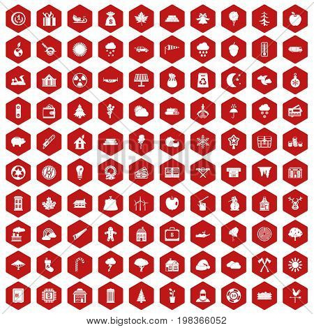100 lumberjack icons set in red hexagon isolated vector illustration