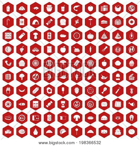100 meal icons set in red hexagon isolated vector illustration
