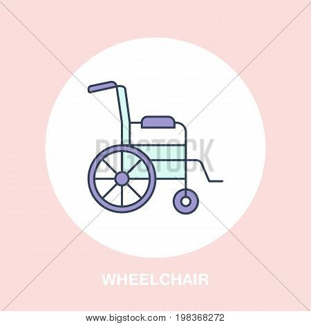 Modern vector line icon of wheelchair. Disabled people help linear logo. Outline symbol for handicapped. Special needs design element for site, poster. Medical equipment business logotype, street sign