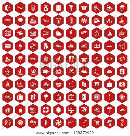 100 seaside resort icons set in red hexagon isolated vector illustration