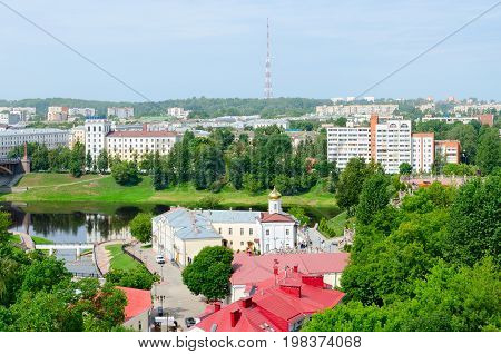 VITEBSK BELARUS - JULY 13 2016: Top view of Holy Spirit Monastery embankment of Western Dvina River Vitebsk Belarus