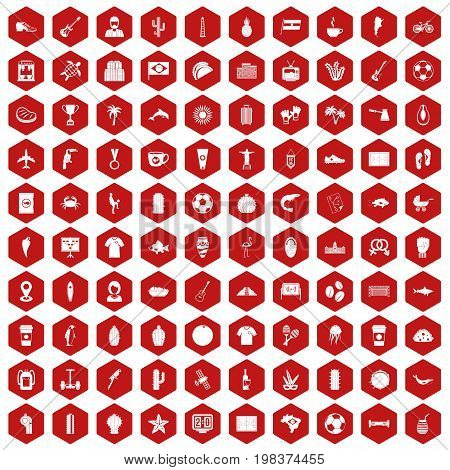 100 South America icons set in red hexagon isolated vector illustration