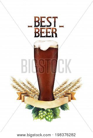 Watercolor high glass of dark beer decorated with ribbon, malts and hops. Hand painted alcoholic beverage isolated on white background