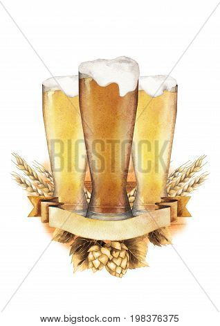 Three watercolor glasses of different kinds of beer decorated with ribbon, malts and hops. Hand painted alcoholic beverages isolated on white background