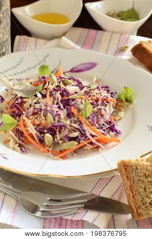 Salad with cabbage carrots and pumpkin sunflower sesame seeds, Cole Slaw, vertical