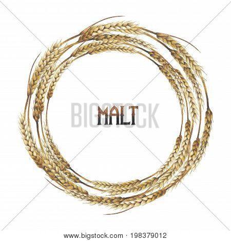 Watercolor malt wreath isolated on white background. Hand painted design with cereals