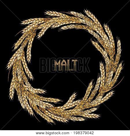 Watercolor malt wreath isolated on black background. Hand painted design with cereals
