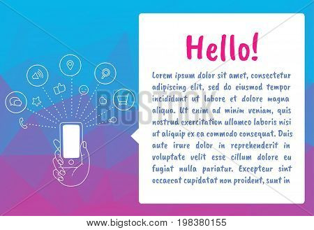 Illustration smartphone for banner, presentation, website. Presentation template of mobile screen. Cloud tools for business. Cloud technology and service for social networking, media - stock vector