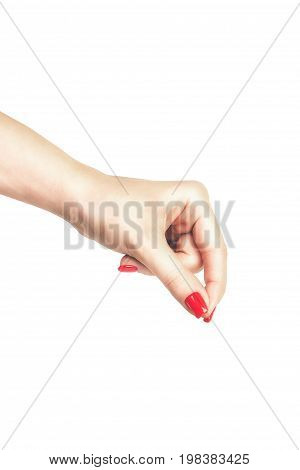 Woman hand with red nails hold virtual business card credit card or blank paper isolated on white background