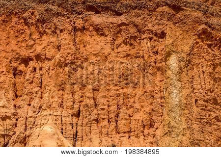 Close up view of red vertical sandstone cliff in Algarve Portugal.