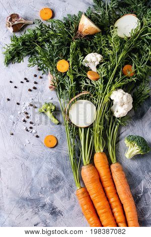 Raw vegetables for cooking soup. Ingredients young carrot with haulm, broccoli, cauliflower, onion, garlic, salt pepper over gray concrete background. Top view. Dinner cooking concept