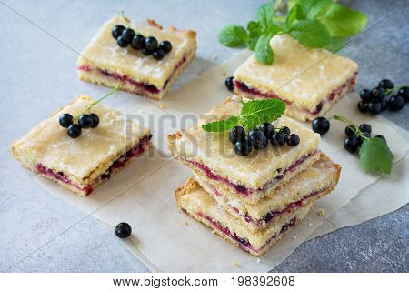 Homemade Cookies With Black Currant Berries On A Gray Stone Or Slate Background. Summer Pastries.