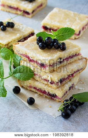 Homemade Cookies With Black Currant Berries On A Gray Stone Or Slate Background. Summer Pastries. Co