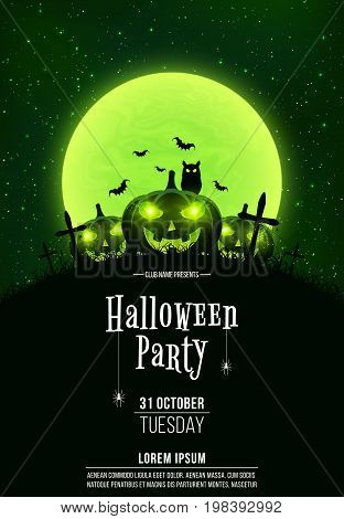 Template for Halloween party. A terrible concept of crosses graves and glowing pumpkins. Green dust. The black owl. Full moon. Vertical background. Club poster. Vector illustration