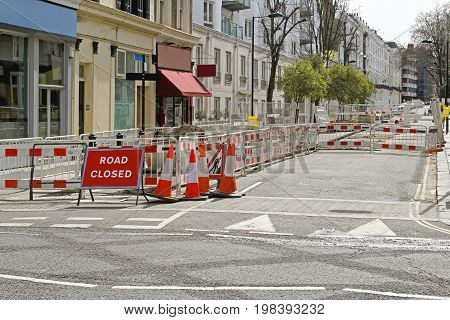 Sign at Street Closed for Road Construction Work